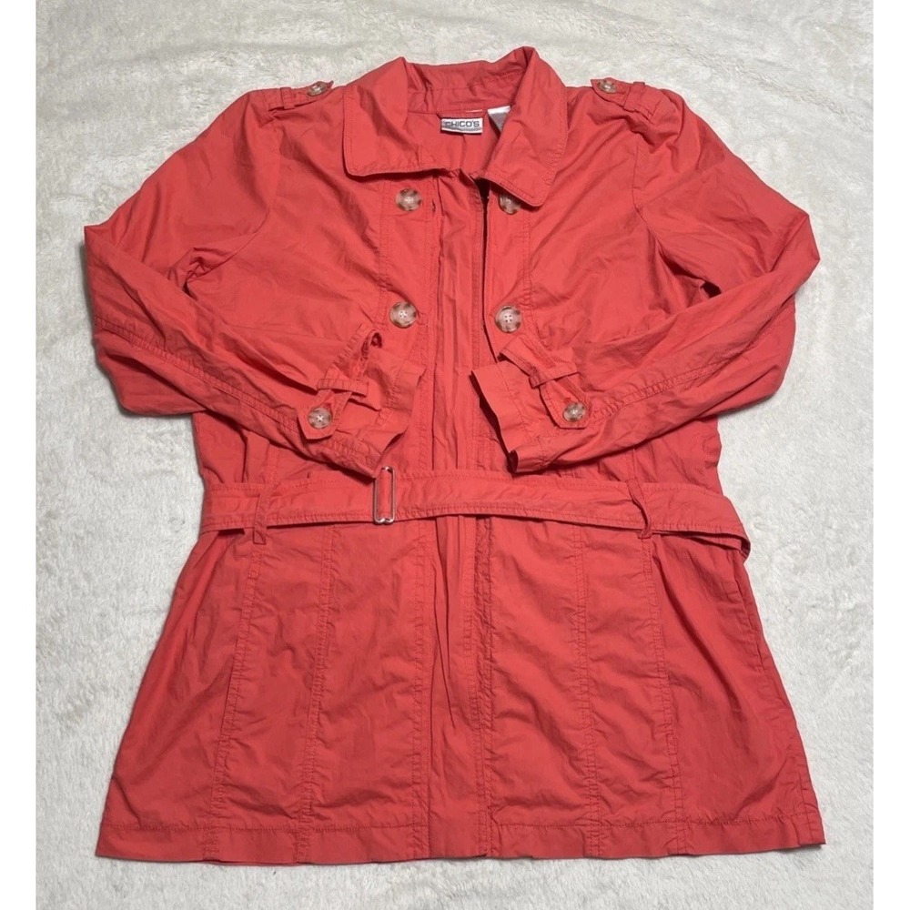 Chicos 3 In 1 Rain Coat Jacket Women's Size 2 Large Coral Belted Long Sleeve